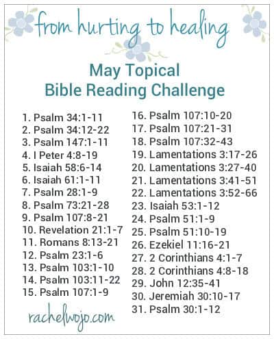 May Topical Bible reading challenge: From Hurting to Healing. Take a month to see what God's Word says about renewing our hearts and restoring our lives.