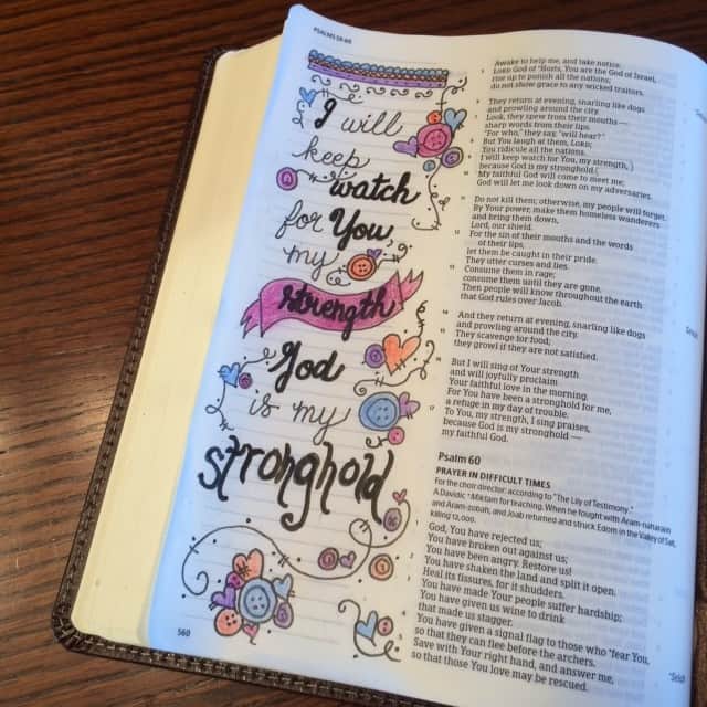 I was a little stressed when I did this and went overboard with the doodling. But I will joyfully proclaim his strength!! Psalm 59:10-17 for today's #onemorestep#biblereading challenge . #biblejournaling#drawingcloser