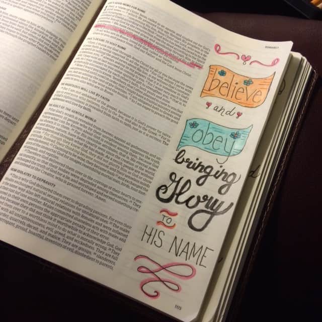 I spent some time this morning with a friend who is an incredible artist. So I felt some intimidation lurking when I started to finish this page tonight. But#biblejournaling is a reflection of the faith journey. We are all in different places but Jesus loves us individually. We are to bring about the obedience of faith among the nations on behalf of His name.#bibleartjournaling #noteworthytruth#illustratedfaith #genuinefaith