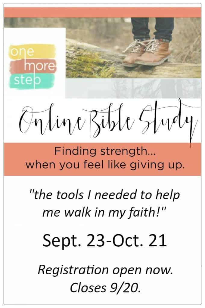 Are you struggling through out-of-control circumstances? Where do you turn when discouragement strikes? How can you learn to process feelings of despair? If you’d love the answer to any of these questions, then this online Bible study, One More Step: Finding Strength When You Feel Like Giving Up, is for you! This book is my “heart book”–the one I wish I could sit down with you over coffee and share each word. We may not be able to have coffee together, but we ARE going to read through the book, pour over the Scripture in each chapter, and work through the stepping stones.
