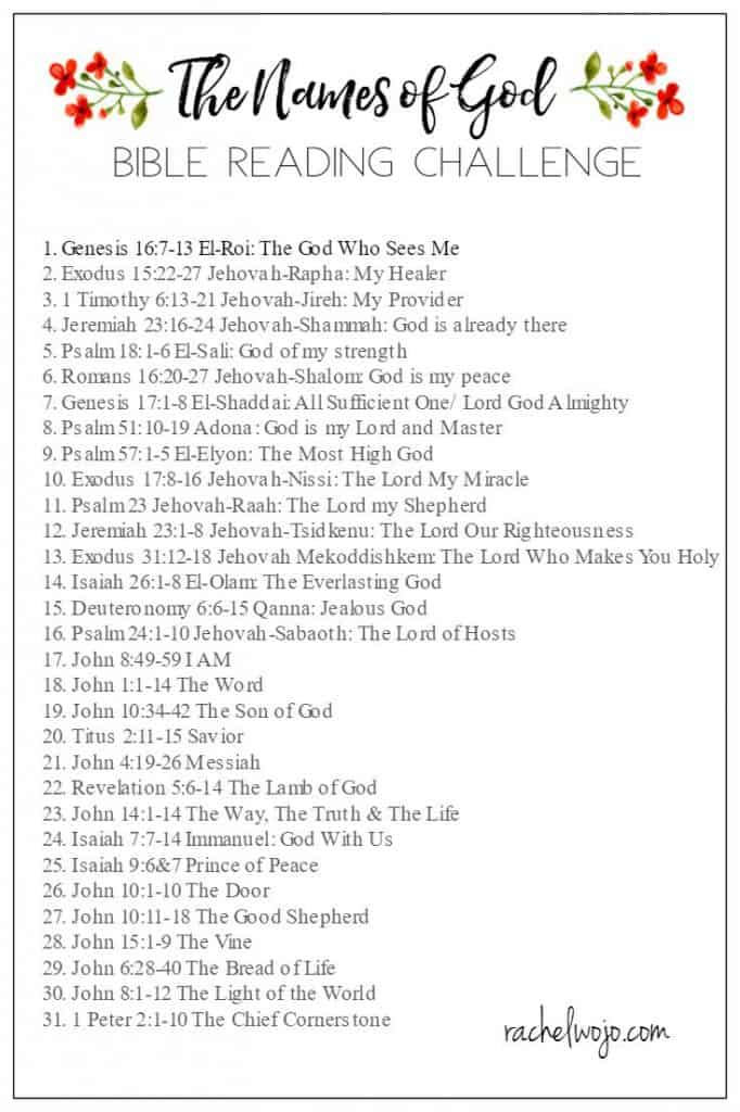 Just screenshot the graphic to your smartphone and mark it as a favorite for easy daily access. For a simple printable copy, click on the graphic or HERE and print out two copies of the Bible reading plan. Share one with a friend! Thank you so much for encouraging me to read God’s Word each and every month as we continue to learn Scripture and apply it in our daily lives. My prayer is that we know with our all hearts that God is our God and this study of his names prompt us to know and love him deeper. #namesofGod #biblereading